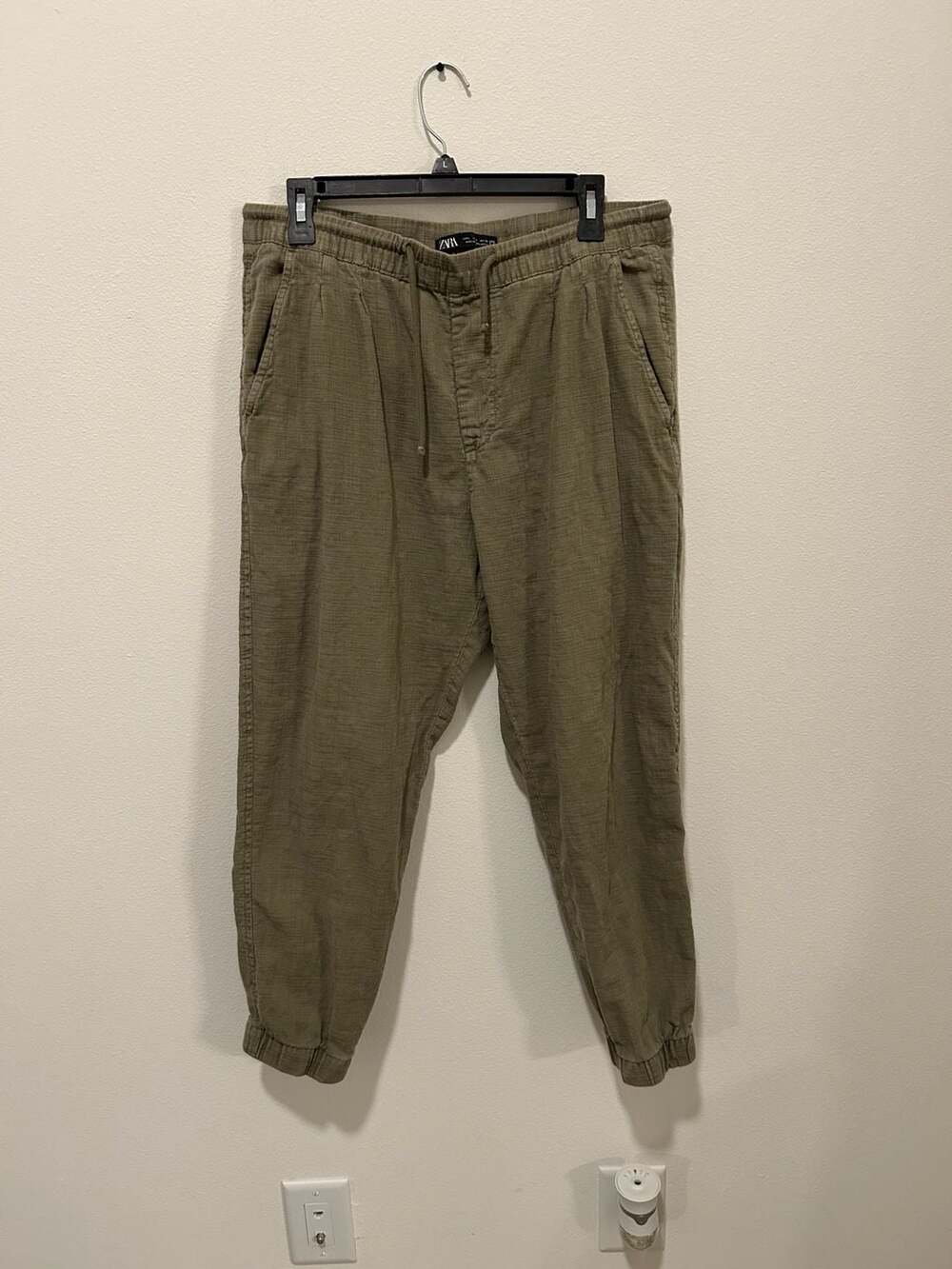 Zara Jogger Pants Size L Olive Green Drawstring Cuffed Casual
